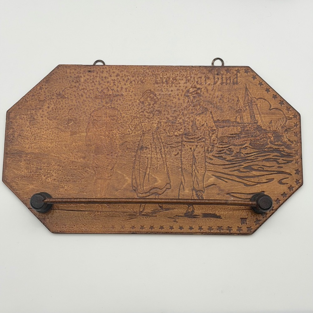 Antique WWI Pyrography Wood Soldier Nurse Sailor Tie Rack Christmas Inscription - Picture 2 of 9